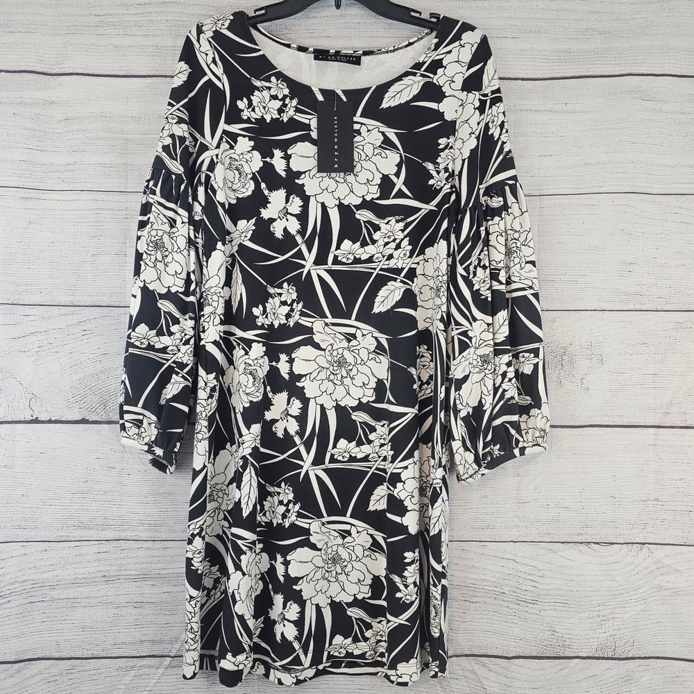 bryn WALKER XXS Lantern Long Sleeve Dress Black & White Floral NWT $210 L802 - Picture 3 of 8